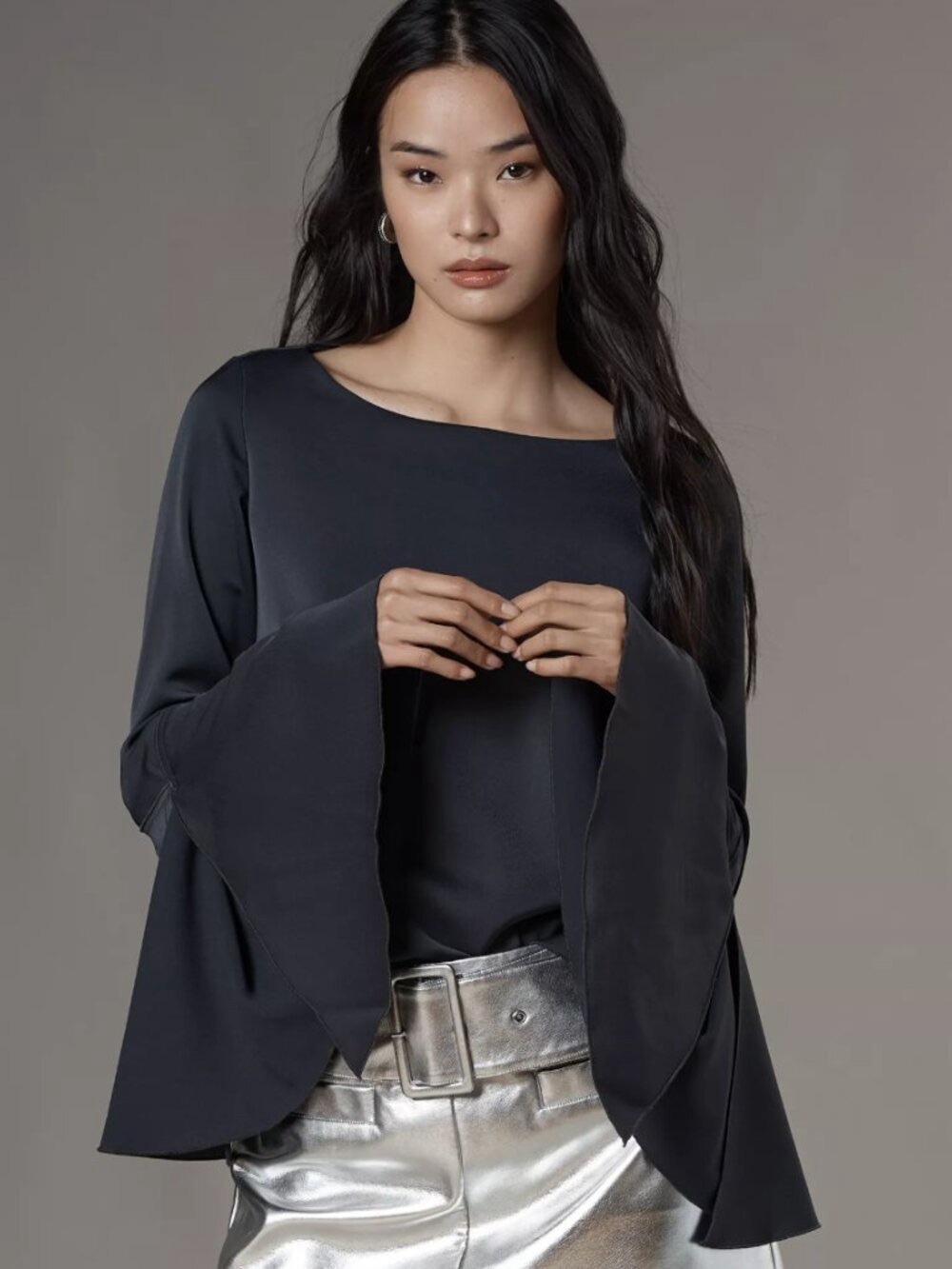 Anthropologie‎ Medium Black Boatneck Wide Split Bell Sleeve Blouse Bohemian Top